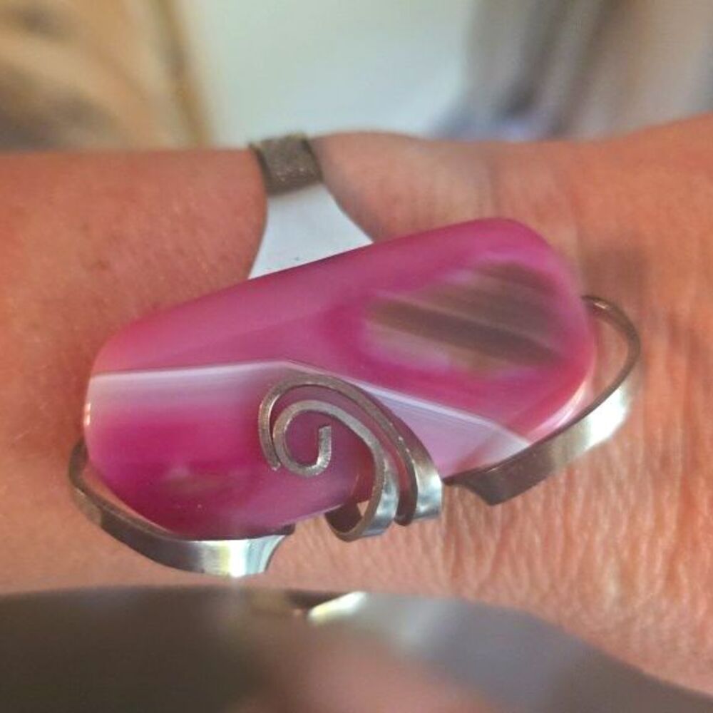 Stainless Steel Cuff Bracelet Pink Agate Fork Artisans Art Jewelry One Of A Kind